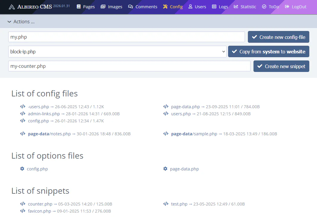 Создание config-файлов в Albireo CMS Создание config-файлов в Albireo CMS