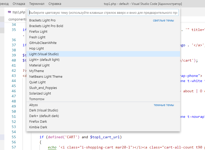Выбор темы оформления в Visual Studio Code